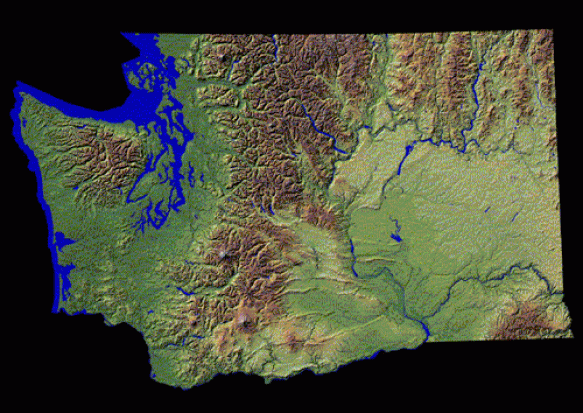 A topographic map of Washington. Look at how the location and shape of the Cascades match the precipitation map.