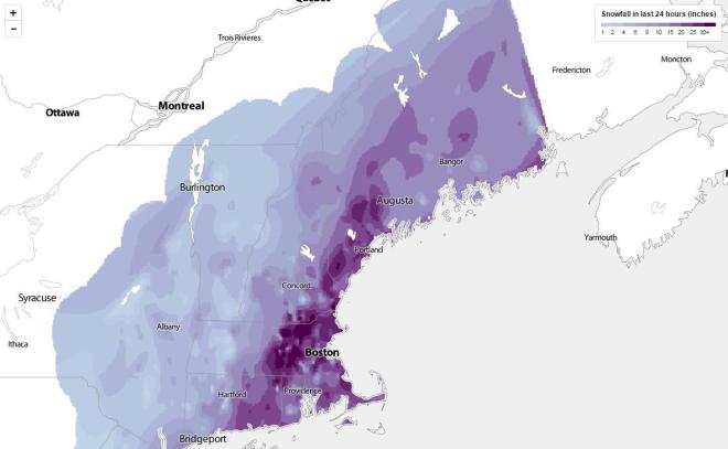 Snow totals from the Blizzard of 2015. Image from The Boston Globe at http://www.bostonglobe.com/metro/2015/01/28/map-snowfall-totals-mass-northeast-from-blizzard/ojjpsPKWPqjuRjoWvRD0PK/story.html